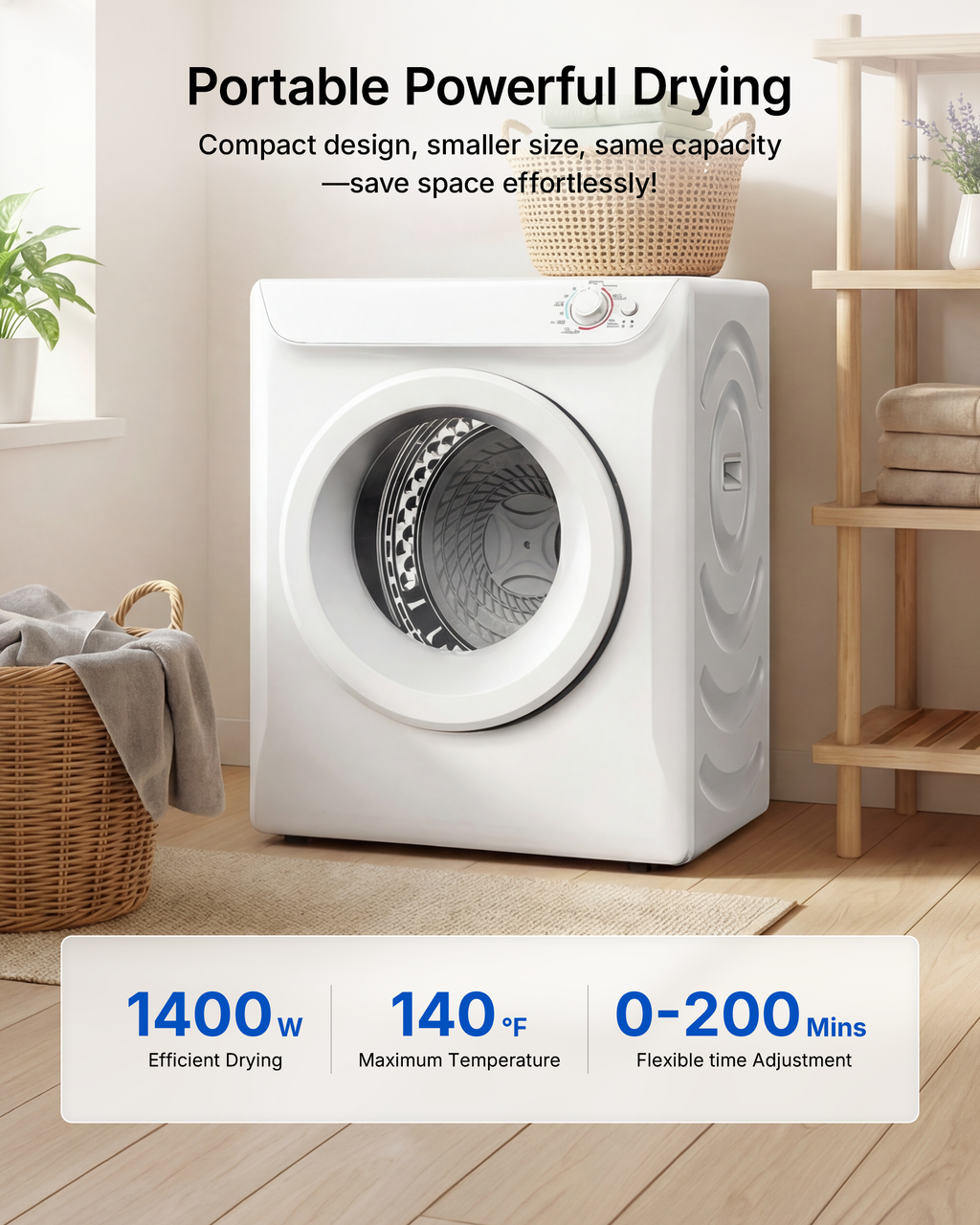 3.5 Cu.Ft Portable Dryer, 5 Drying modes, 1400W clothes dryer, Upgraded Capacity, 120V portable dryers for laundry, dryer machine with Exhaust Hose for Apartments, Dorms, Home, White
