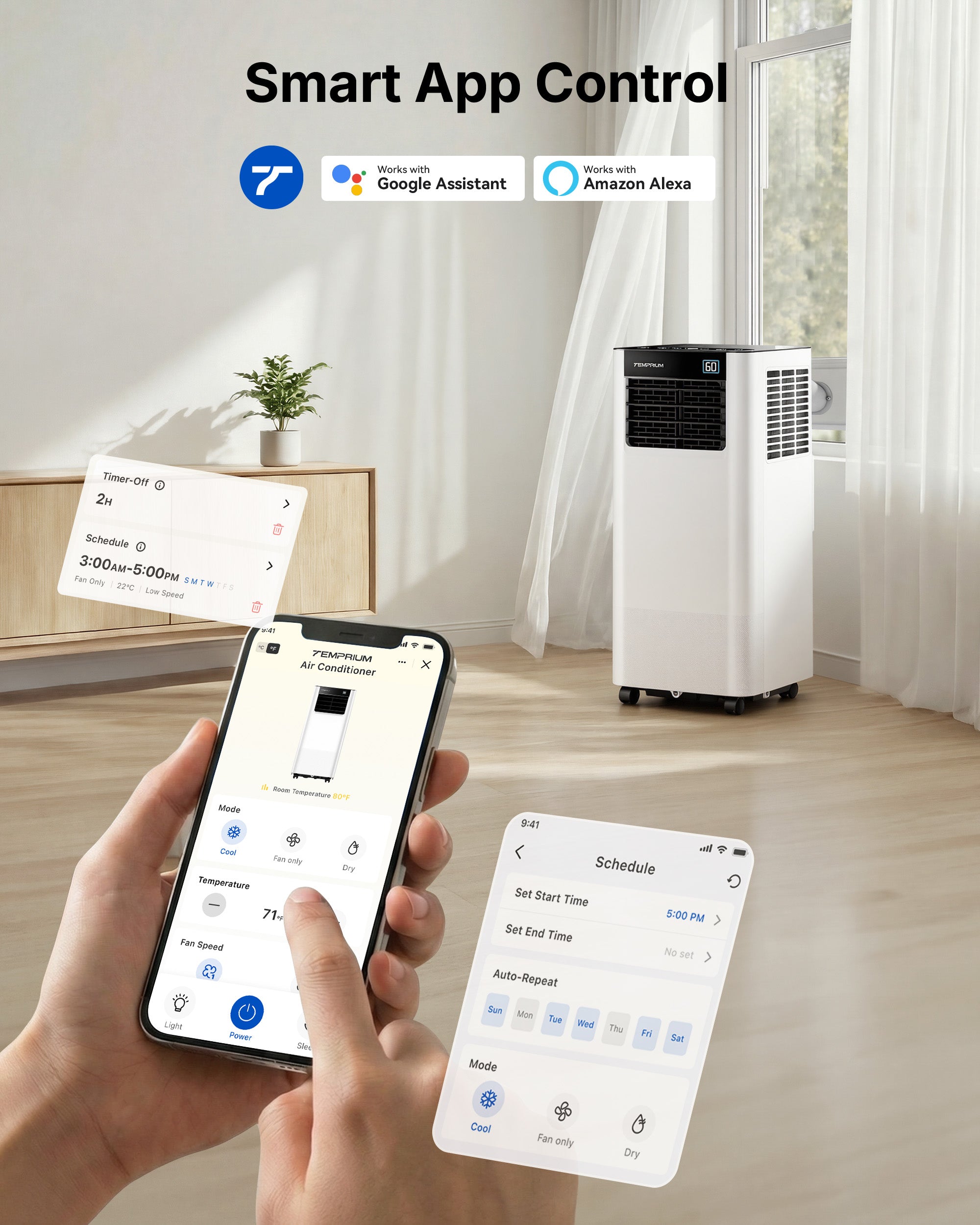 Temprium 8,000/10,000 BTU Portable Air Conditioner, Smart Portable AC Unit for rooms with Drainage-Free Cooling, 3-in-1 Standing Air Conditioner with Cool, Dry, Fan Modes, APP/Voice/Remote Control