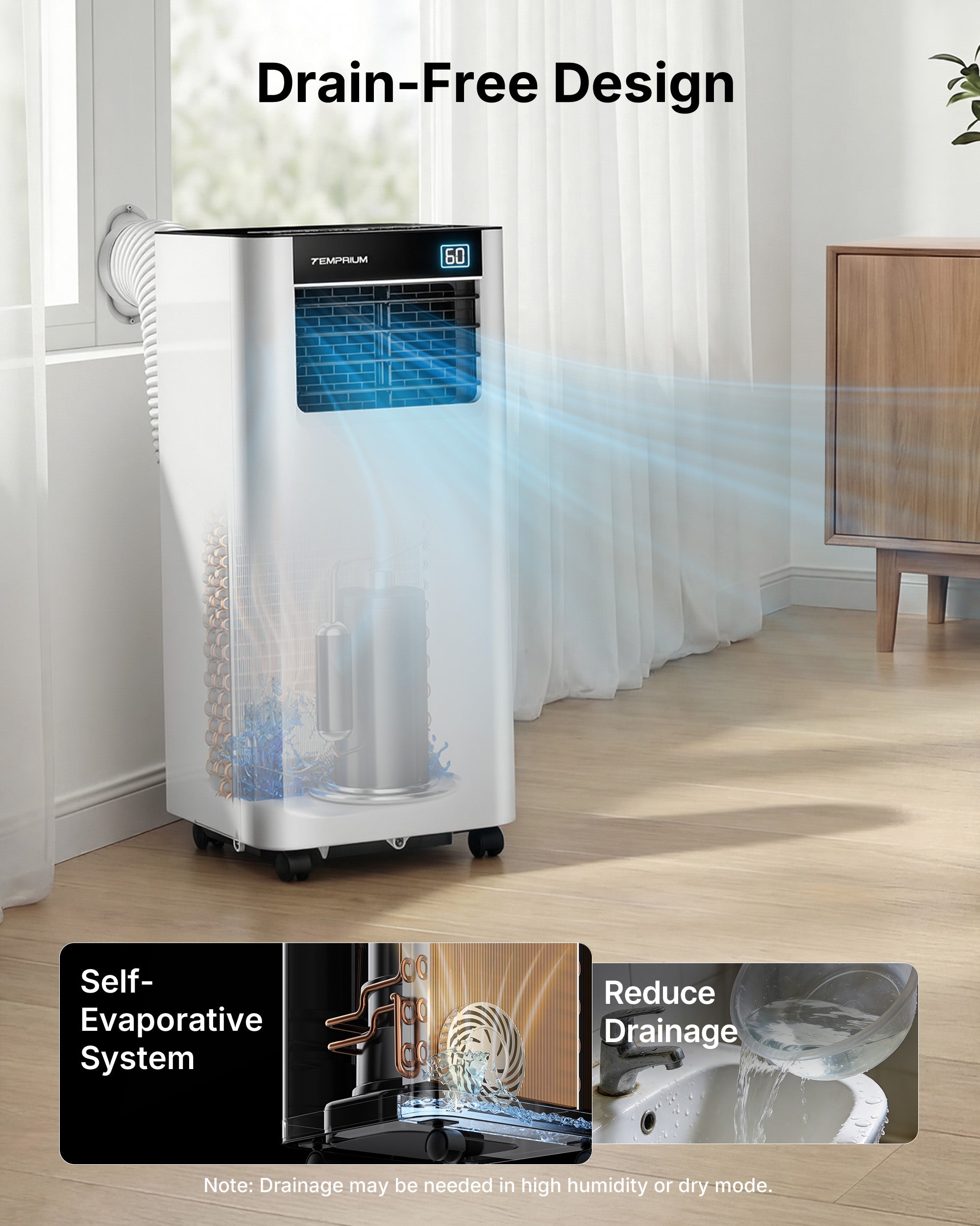 Temprium 8,000/10,000 BTU Portable Air Conditioner, Smart Portable AC Unit for rooms with Drainage-Free Cooling, 3-in-1 Standing Air Conditioner with Cool, Dry, Fan Modes, APP/Voice/Remote Control