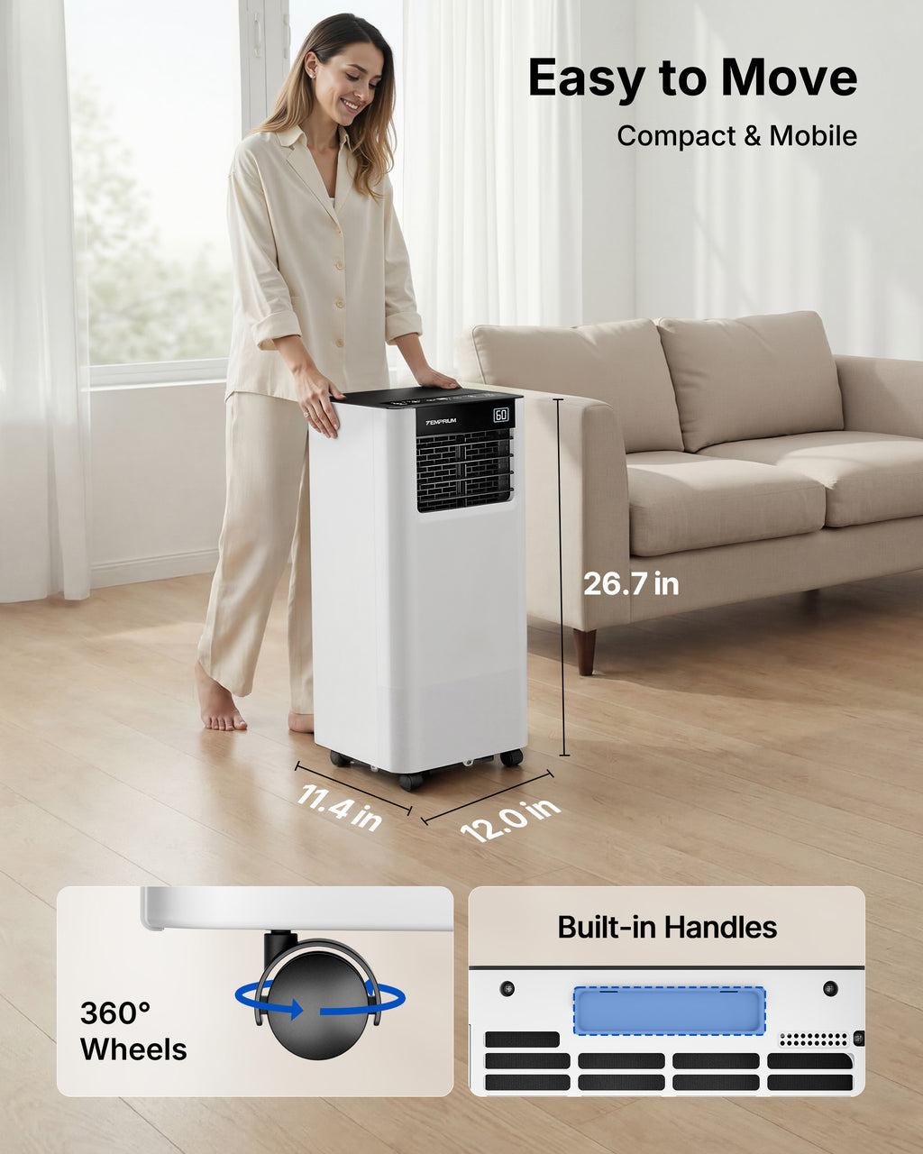 Temprium 8,000/10,000 BTU Portable Air Conditioner, Smart Portable AC Unit for rooms with Drainage-Free Cooling, 3-in-1 Standing Air Conditioner with Cool, Dry, Fan Modes, APP/Voice/Remote Control