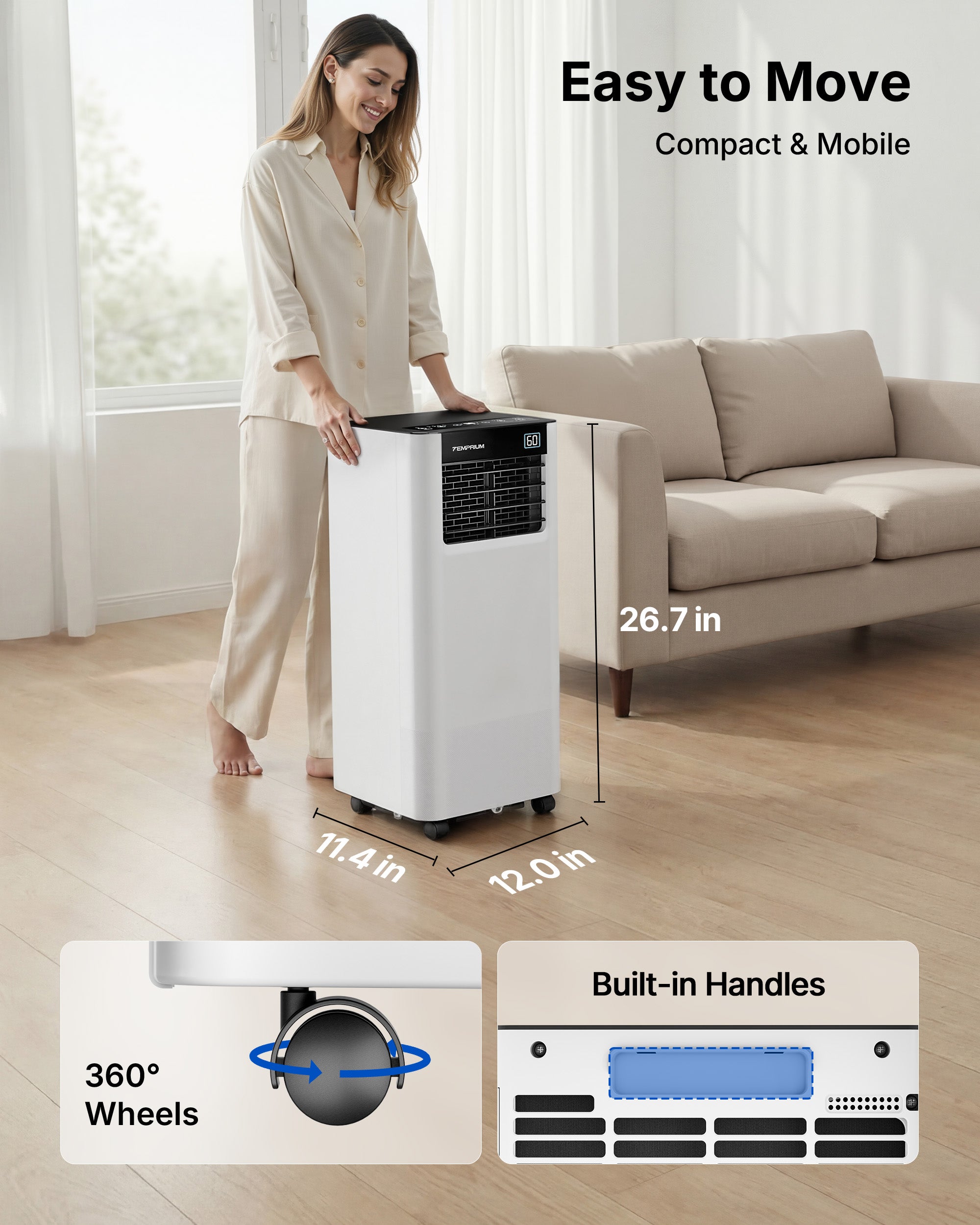 Temprium 8,000/10,000 BTU Portable Air Conditioner, Smart Portable AC Unit for rooms with Drainage-Free Cooling, 3-in-1 Standing Air Conditioner with Cool, Dry, Fan Modes, APP/Voice/Remote Control